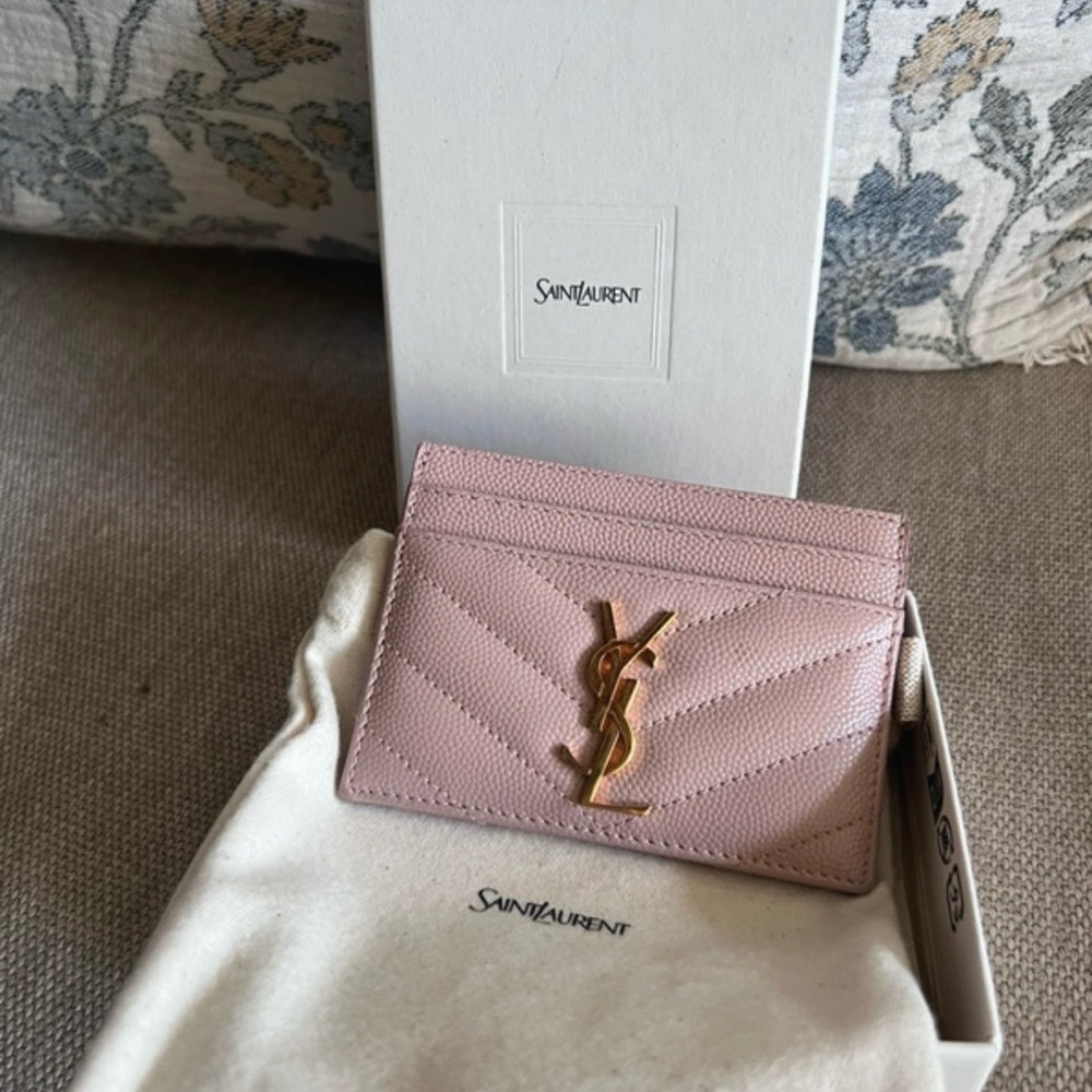 Saint Laurent Blush Pink Leather Card Holder with Gold YSL